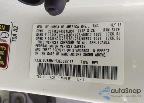 2014 Honda Cr-V Ex-L z USA, uszkodzony, nr VIN 5J6RM4H7XEL025198